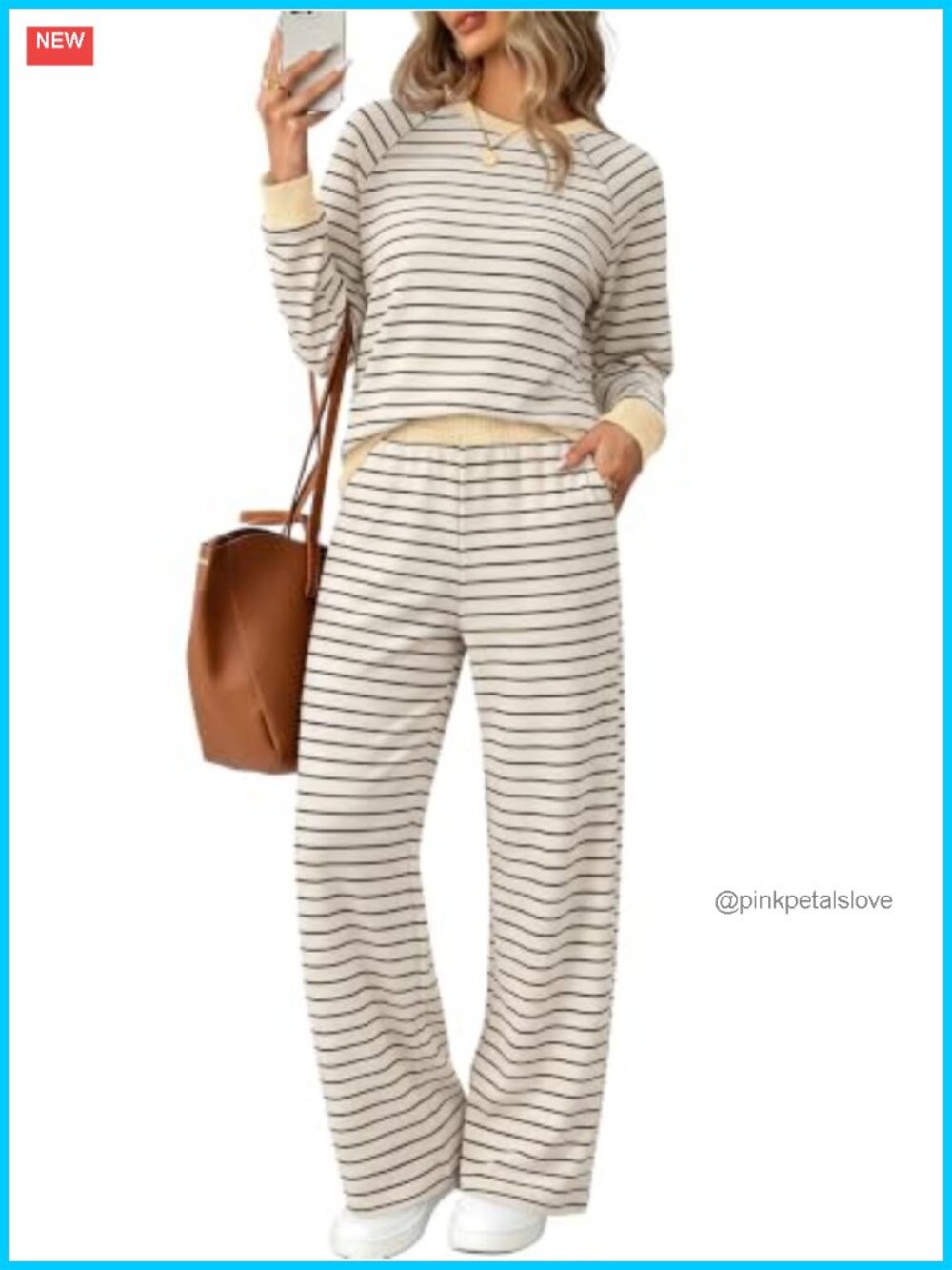 Raglan Sleeve Two Piece Lounge Set Wide Leg Pant Crew Neck Travel
